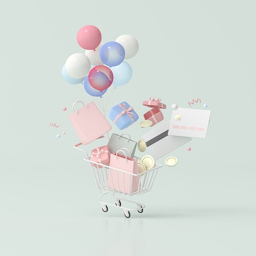 illustration-cart-with-balloons-credit-card-gift-boxes-coins-shopping-bags-3d-rendering